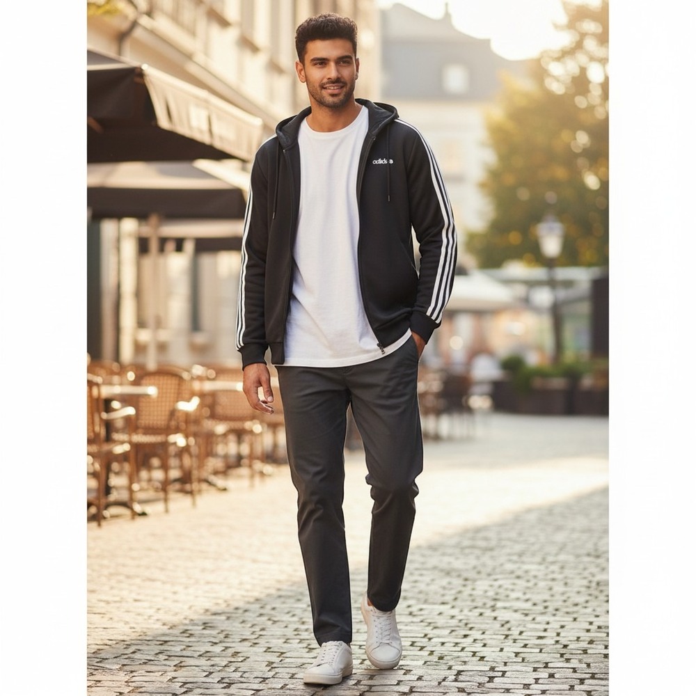 Adidas ClimaLite Full Zip Hoodie Jacket 3-Stripe Black Mens Sz Large Activewear